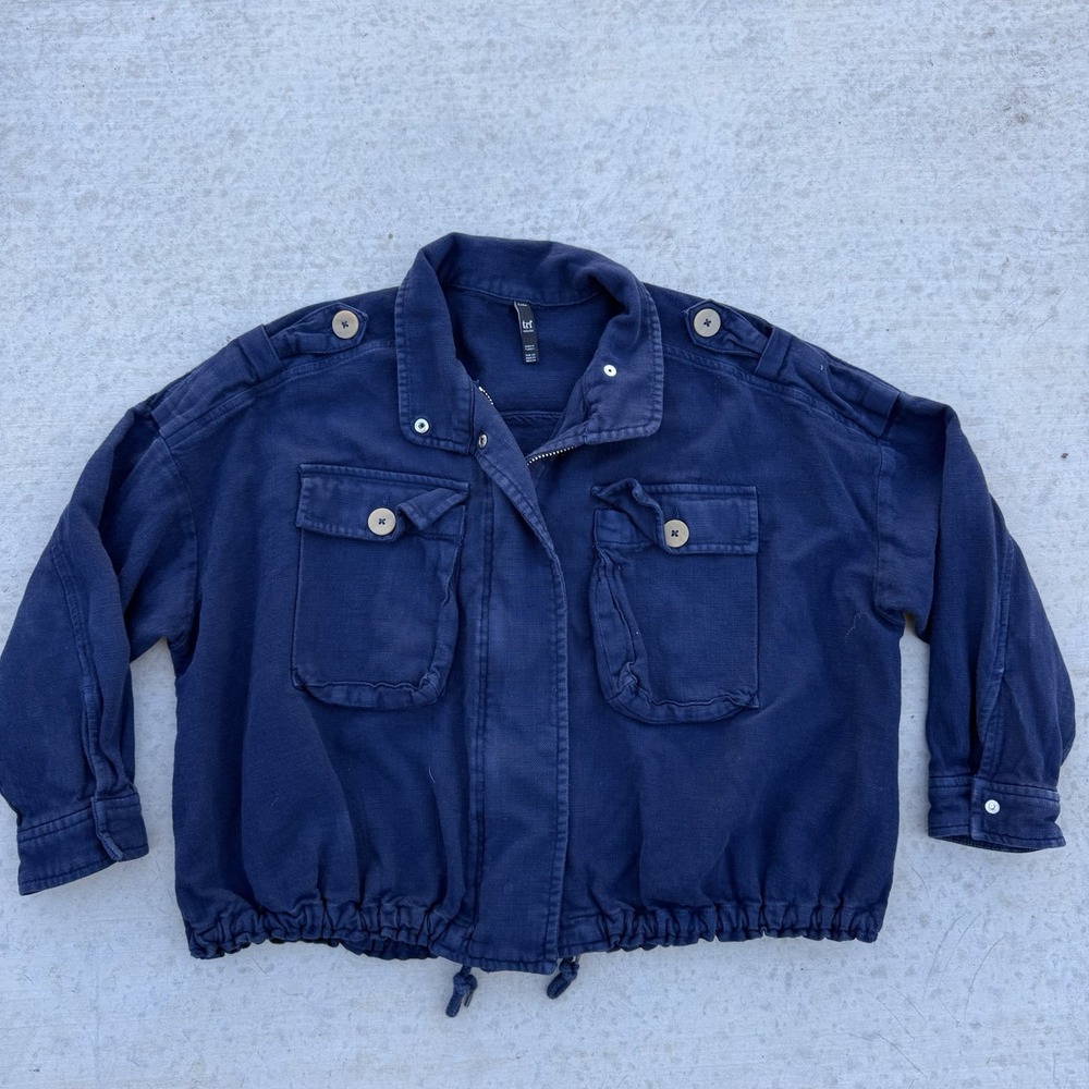 Zara TRF  blue utility Bomber jacket Linen Size XS Oversized‎ Drawstring Waist